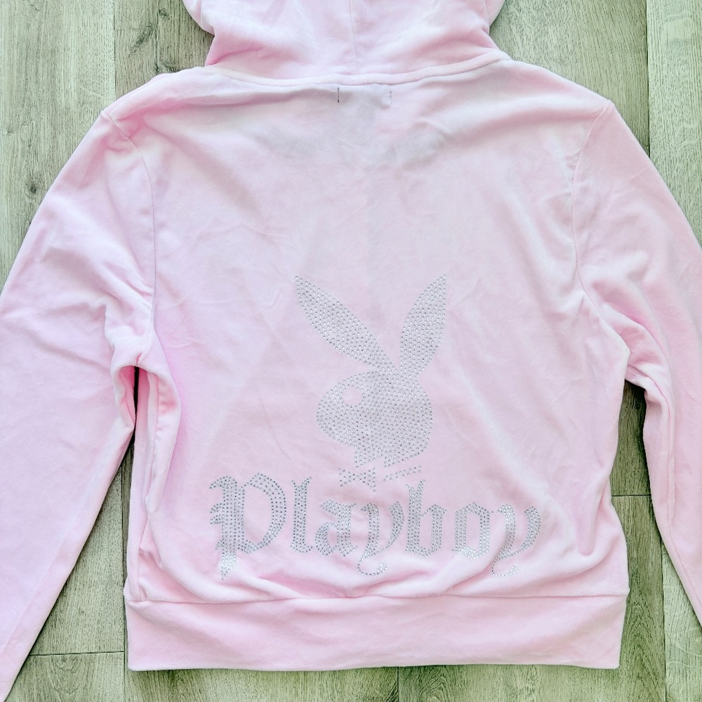 Playboy, Zip Up, Hoodie, Pink, Rhinestone, Velour, Loungewear, Size M, NEW - Picture 11 of 16